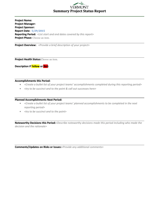 Summary Project Status Report Printable pdf