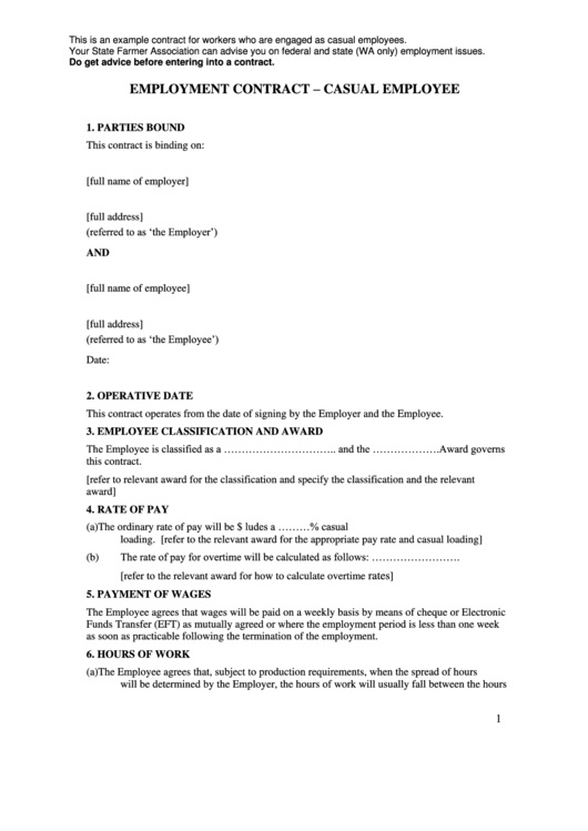 Employment Contract - Casual Employee Printable pdf