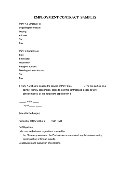 Employment Contract (Sample) Printable pdf