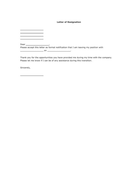 Letter Of Resignation Template Printable pdf