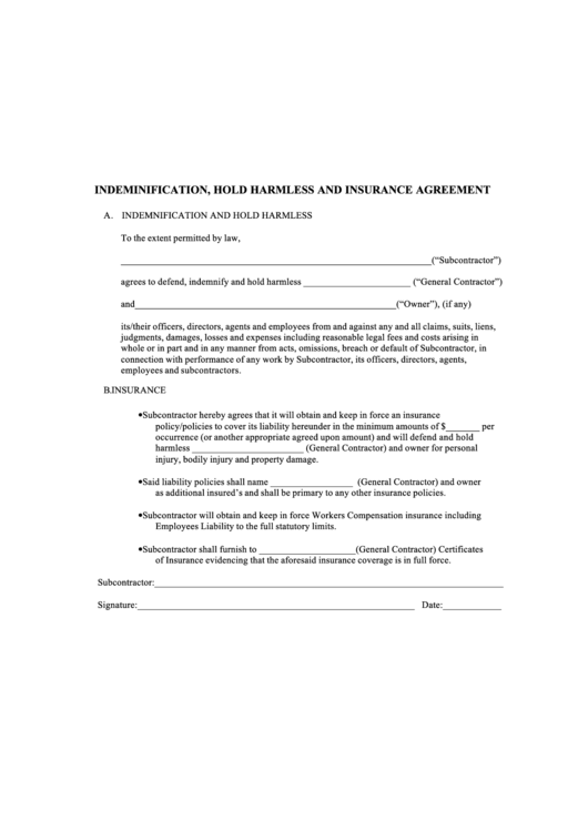 Fillable Indeminification, Hold Harmless And Insurance Agreement Printable pdf