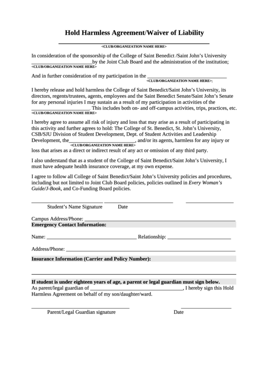 Hold Harmless Agreement/waiver Of Liability Printable pdf