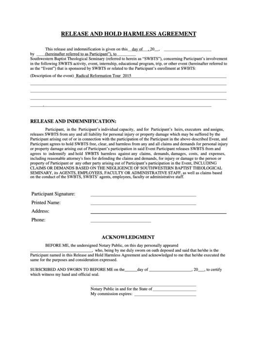 Release And Hold Harmless Agreement Template Printable pdf