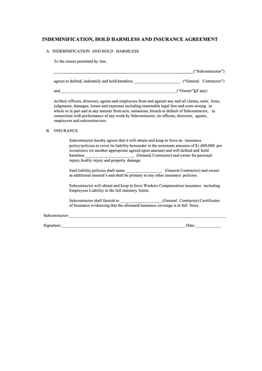Fillable Indeminification, Hold Harmless And Insurance Agreement Printable pdf
