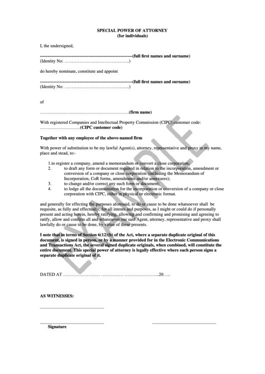 Special Power Of Attorney Example Printable pdf