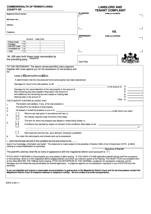 Fillable Landlord And Tenant Complaint Printable pdf