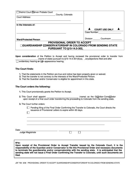 Fillable Provisional Order To Accept Guardianship Conservatorship Printable pdf