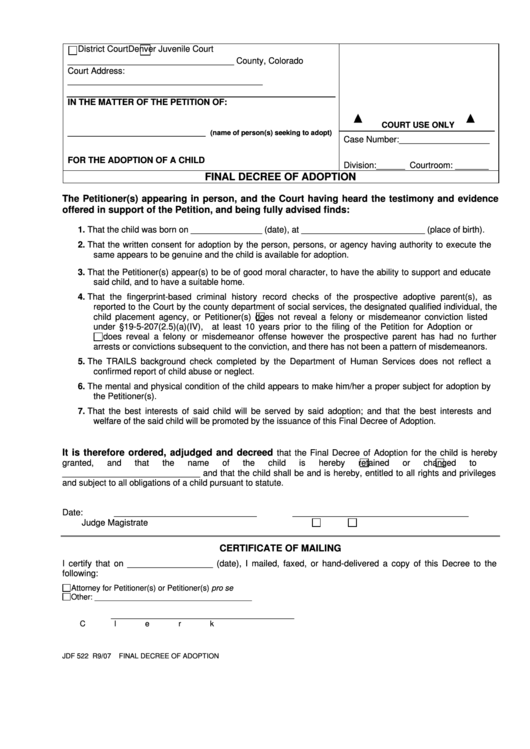 Fillable Final Decree Of Adoption Printable pdf