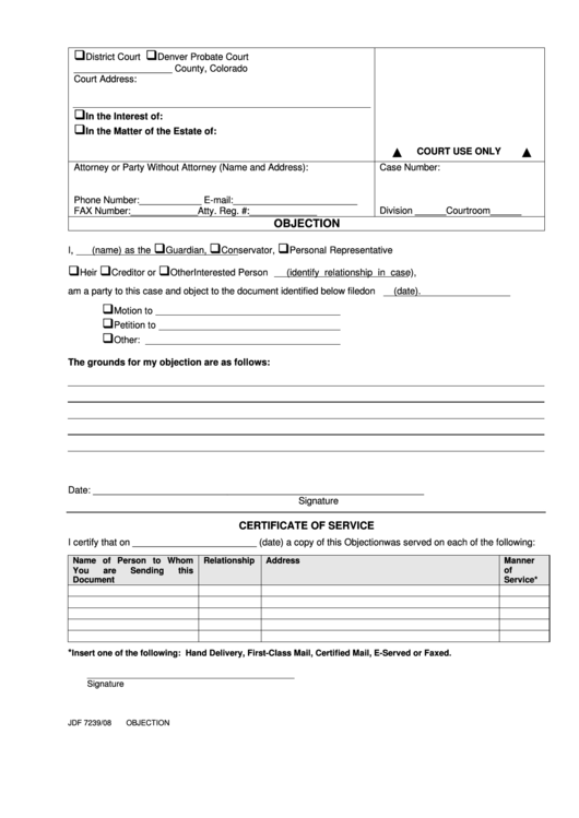 Fillable Objection Form - Colorado Court Forms Printable pdf
