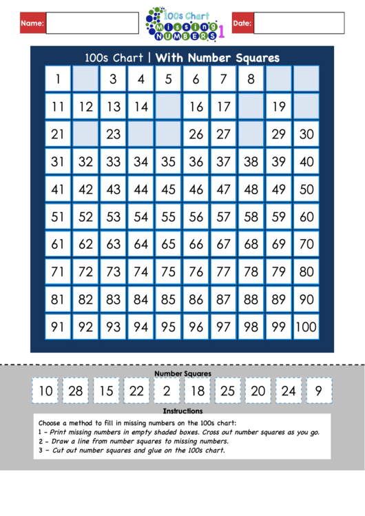 100s Chart With Number Squares Printable pdf