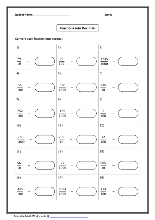 Fractions Into Decimals Fraction Worksheet Printable pdf