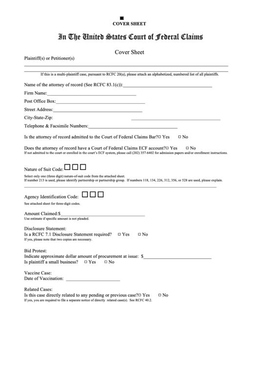 Form 2 - Cover Sheet - United States Court Of Federal Claims Printable pdf