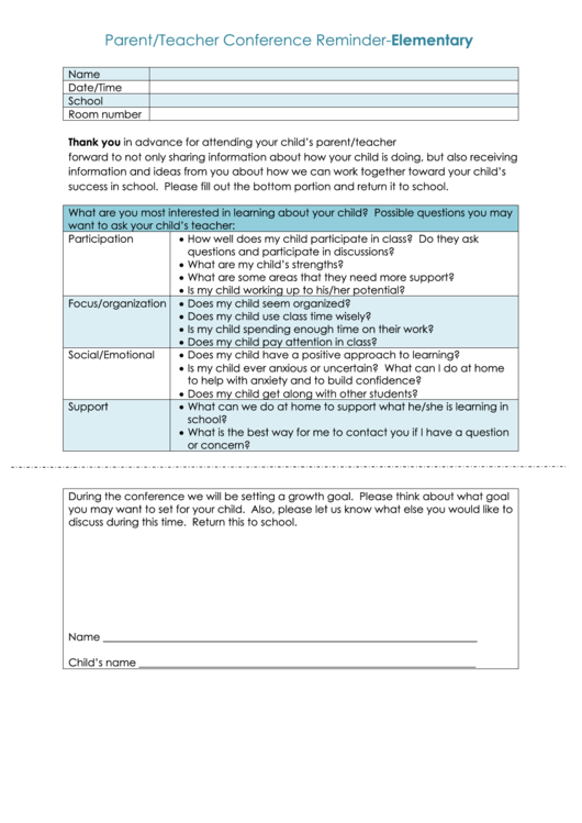 Parent/teacher Conference Reminder-Elementary Printable pdf