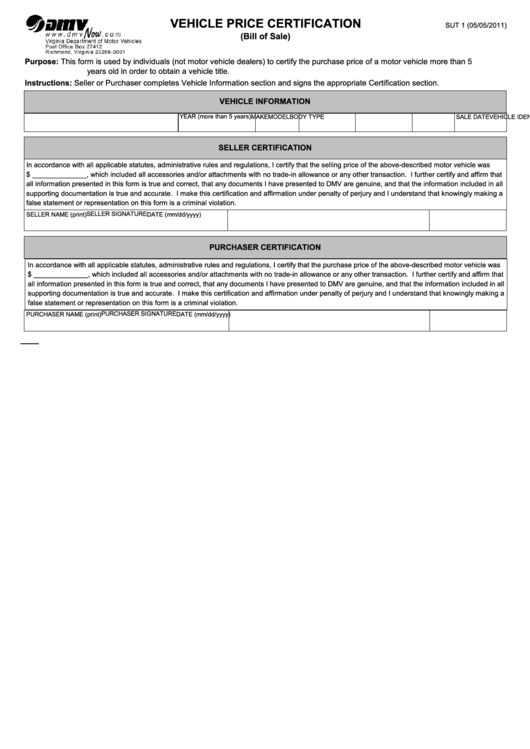 Fillable Form Sut 1 - Vehicle Price Certification Printable pdf