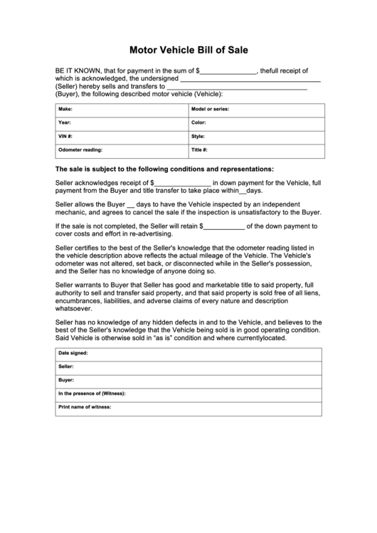 Fillable Motor Vehicle Bill Of Sale Printable pdf