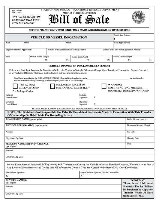 Fillable Mvd-10009 - Bill Of Sale Template - State Of New Mexico - Taxation & Revenue Department Motor Vehicle Division Printable pdf