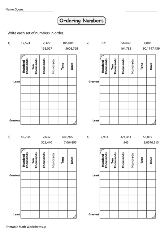 Ordering Numbers Worksheet Printable pdf
