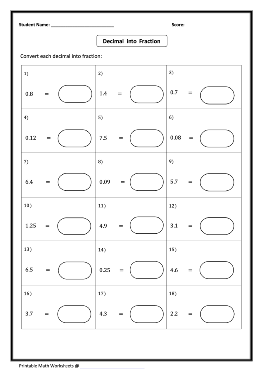 Decimal Into Fraction Worksheet printable pdf download