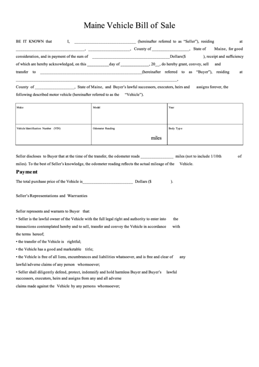 Fillable Maine Vehicle Bill Of Sale Printable pdf