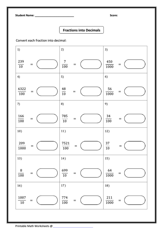 Fractions Into Decimals Worksheet Printable pdf