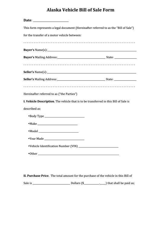 Fillable Form 820 - Alaska Vehicle Bill Of Sale Form, Notice Of Transfer Pending Form Printable pdf