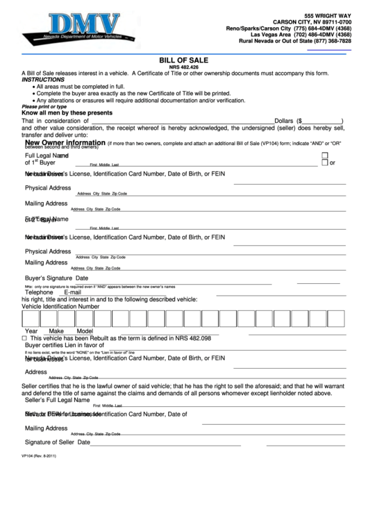 Fillable Bill Of Sale Form - Nevada Department Of Motor Vehicles Printable pdf