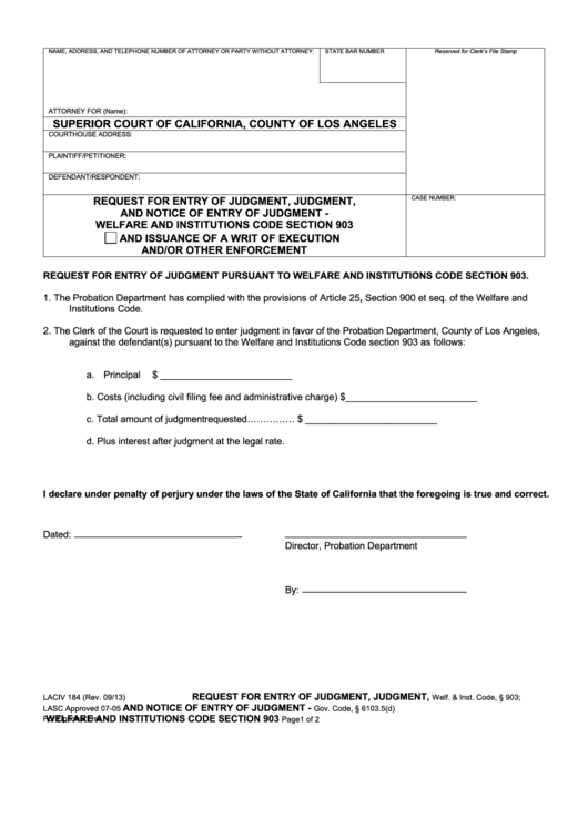 Fillable Form Laciv 184 - Request For Entry Of Judgment, Judgment, And Notice Of Entry Of Judgment Printable pdf