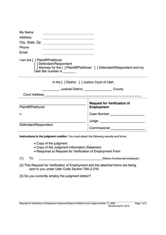 Request For Verification Of Employment Form Printable pdf