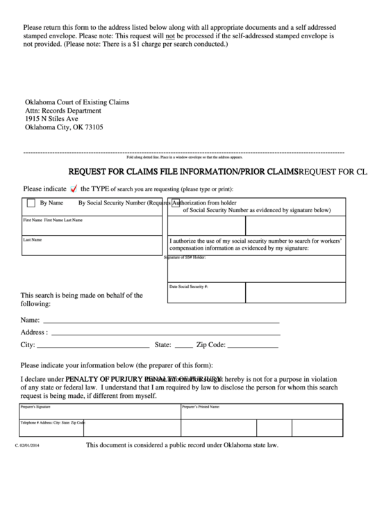 Fillable Request For Claims File Information/prior Claims Request For Claims File Information/prior Claims Printable pdf