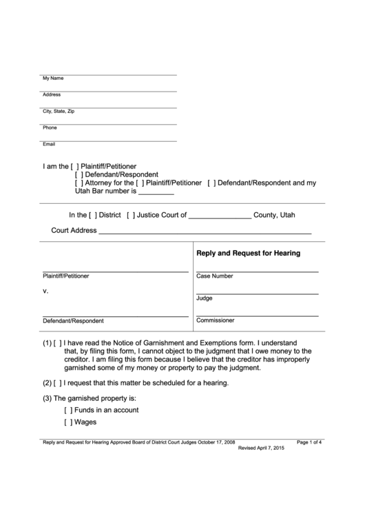 Reply And Request For Hearing Form Printable pdf