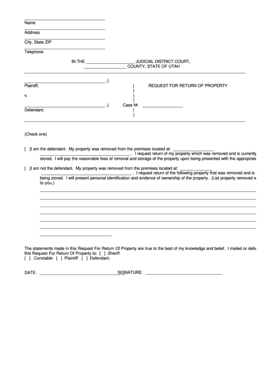 Request For Return Of Property Printable pdf