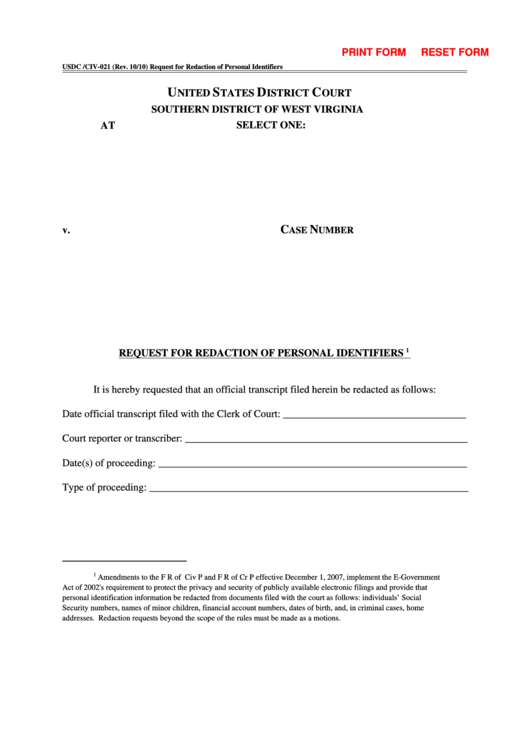Fillable Request For Redaction Of Personal Identifiers 1 Printable pdf