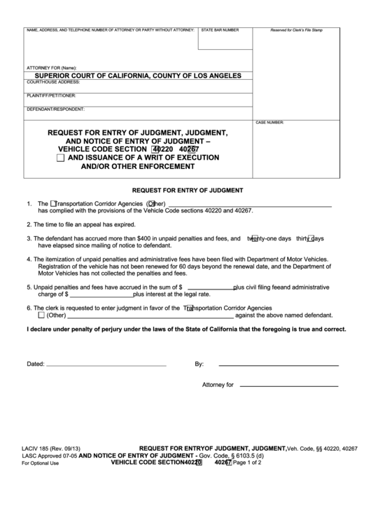 Fillable Form Laciv 185 - Request For Entry Of Judgment, Judgment, And Notice Of Entry Of Judgment - Vehicle Code Section Printable pdf