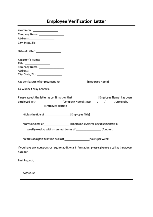 Fillable Employee Verification Letter Template printable pdf download