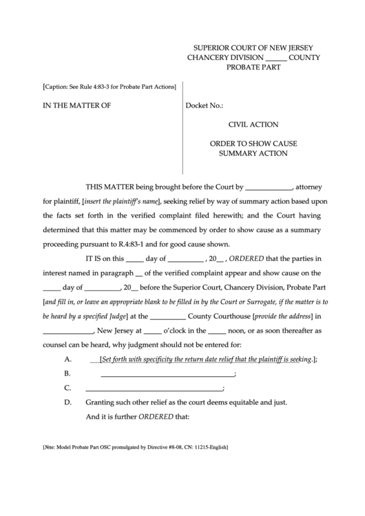 Order To Show Cause Summary Action - Superior Court Of New Jersey Printable pdf
