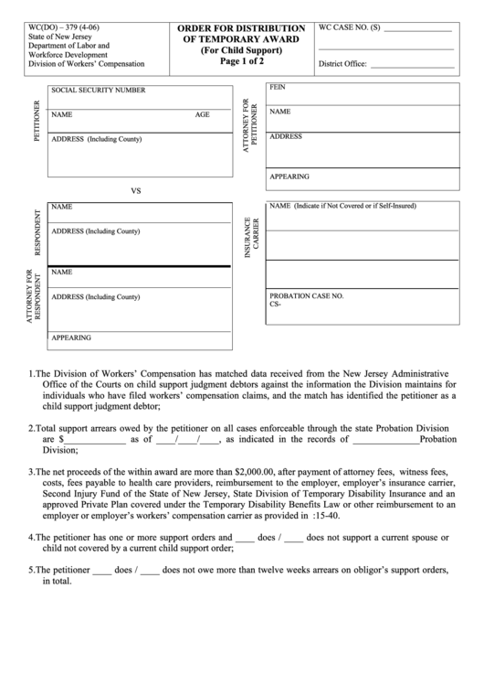 Order For Distribution Of Temporary Award Printable pdf