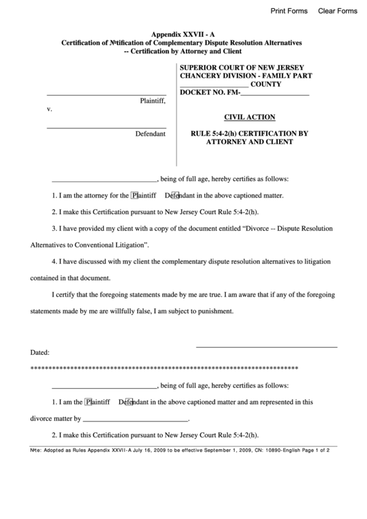 Fillable Civil Action Certification By Attorney And Client - Superior Court Of New Jersey Printable pdf