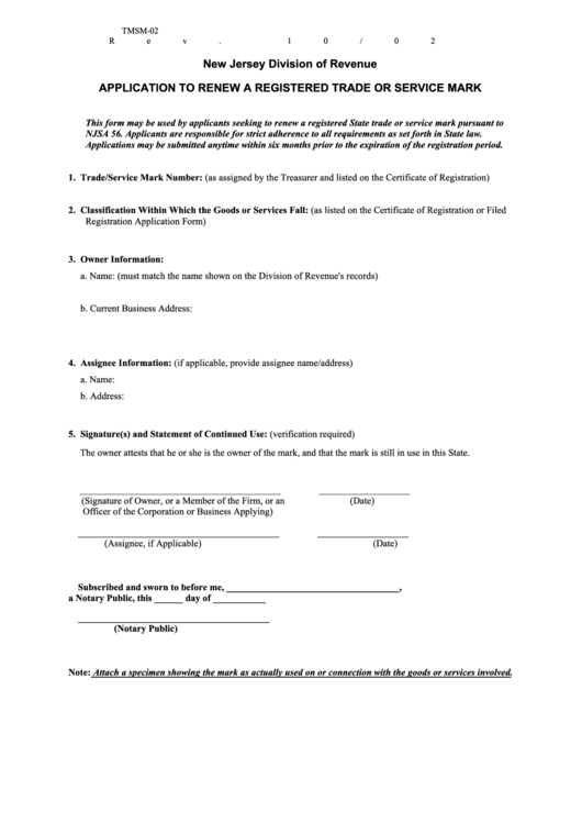Fillable Application To Renew A Registered Trade Or Service Mark Printable pdf