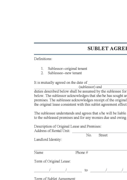 Fillable Sublet Agreement Form Printable pdf