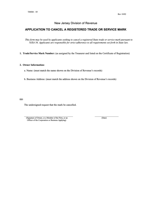 Fillable Form Tmsm - 05 - Application To Cancel A Registered Trade Or Service Mark Printable pdf