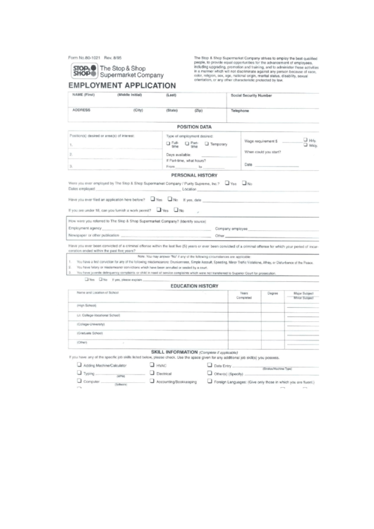 Stop And Shop Job Application Form Printable pdf