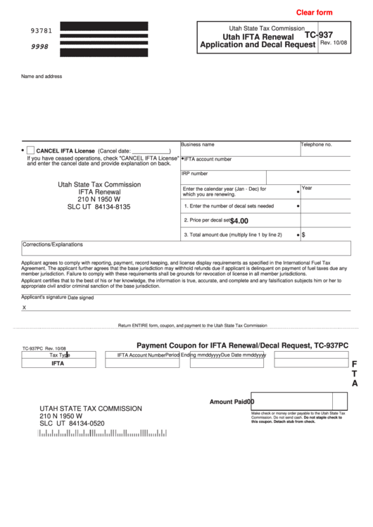 Fillable Utah Ifta Renewal Application And Decal Request Printable pdf