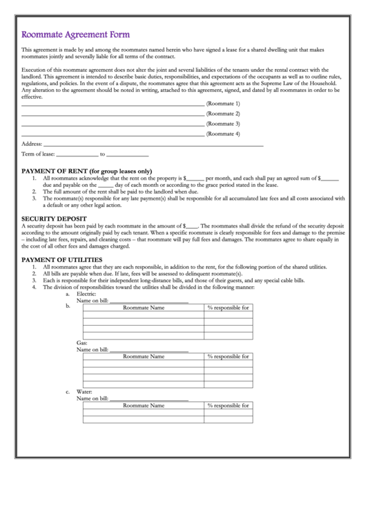 Fillable Roommate Agreement Form Printable pdf