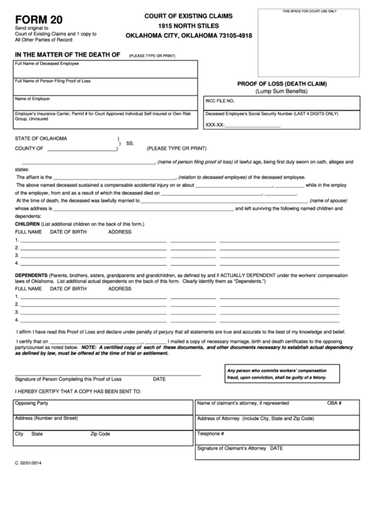 Fillable Form 20 - Proof Of Loss (Death Claim) Printable pdf