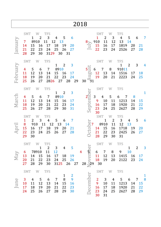 2018 Yearly Calendar Template Printable pdf