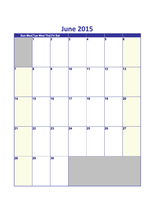 Calendar Template - June 2015 Printable pdf