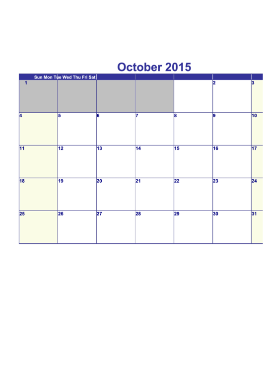 Calendar Template - October 2015 Printable pdf