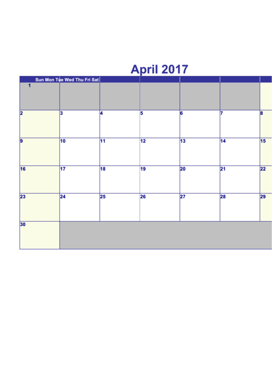 Calendar Template - April 2017 Printable pdf