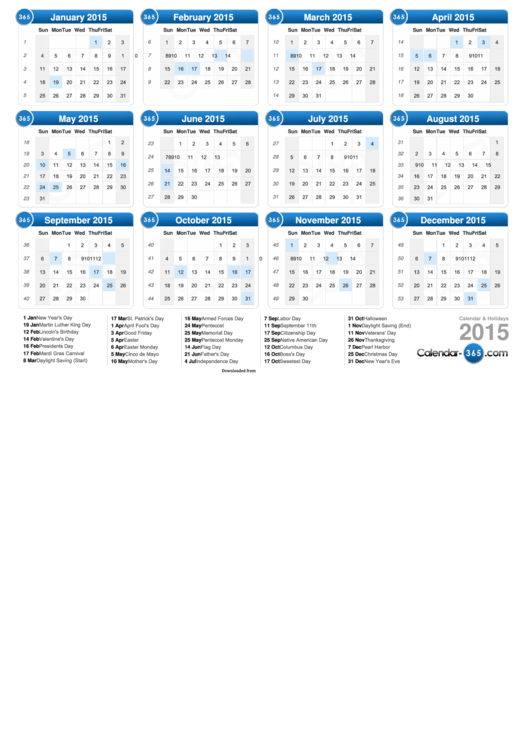 2015 Yearly Calendar Template - Landscape, With Holidays Printable pdf