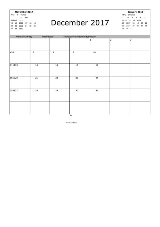 December 2017 Calendar Template Printable pdf